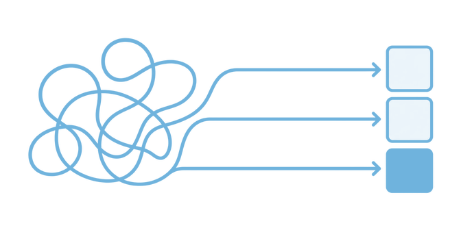 A tangled line straightening into three clear parallel tracks.